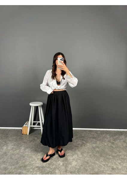 Siyah Beli Lastikli Poplin Yandan Cepli Etek