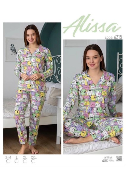 Alissa 6215 Bayan Önü Düğmeli Desenli Uzun Kol Pijama Takımı