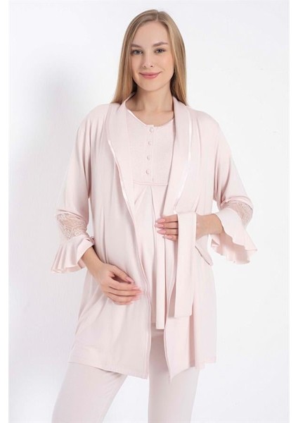 Kısa Kol Bisiklet Yaka Kadın Viskon Dantel Detaylı Hamile Pijama Takımı Sabahlık modelleri