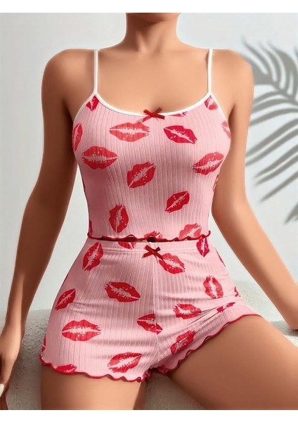Arias Closet Pamuklu Kiss Öpücük Desen Pembe Şortlu Pijama Takımı