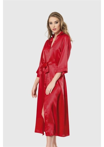 Arias Closet Kırmızı Uzun Saten Sabahlık