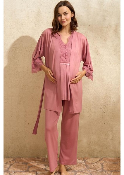 Arias Closet Sıfır Kol V Yaka Kadın Viskon Düz Yazlık Uzun Dantel Detaylı Hamile Pijama Takımı Sabahlık