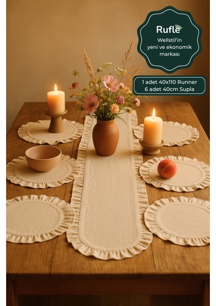 Eko | 7 Parça Sofra Sunum Seti - 1 Adet Fırfırlı Runner - 6 Adet Fırfırlı Supla Amerikan Servisi