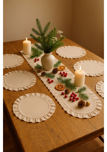 Eko | 7 Parça Sofra Sunum Seti - 1 Adet Fırfırlı Runner - 6 Adet Fırfırlı Supla Amerikan Servisi indirimleri