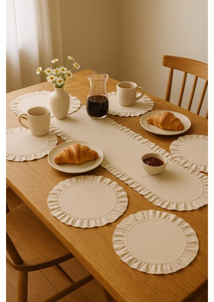 Eko | 7 Parça Sofra Sunum Seti - 1 Adet Fırfırlı Runner - 6 Adet Fırfırlı Supla Amerikan Servisi