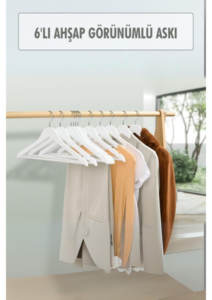 6 Lı Ahşap Görünümlü Askı Beyaz 44 cm
