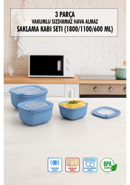 Kare 3 Parça Vakumlu Sızdırmaz Hava Almaz Saklama Kabı Seti Mavi (1800/1100/600 Ml)