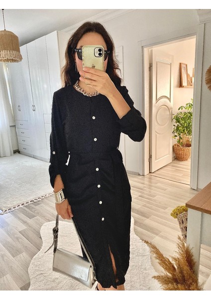 Kadın Uzun Kollu Önden Düğmeli Beli Kuşaklı Aerobin Midi Elbise