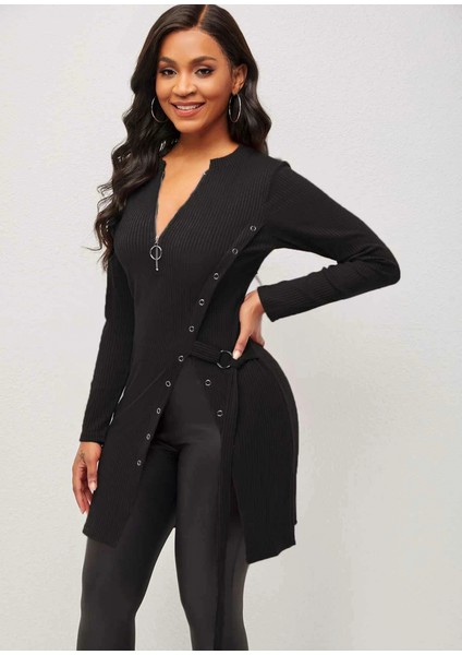 Kadın Uzun Kollu Fermuarlı Yan Yırtmaç Çıtçıt Düğme Detay Fitilli Kaskorse Elbise modelleri