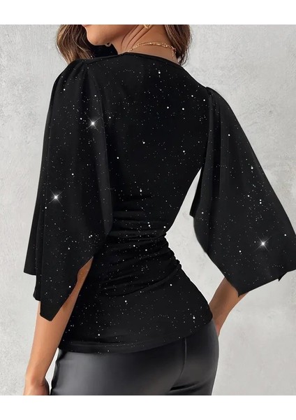 Kadın Truvakar Kollu Kruvaze Yakalı Simli Sandy Bluz modelleri