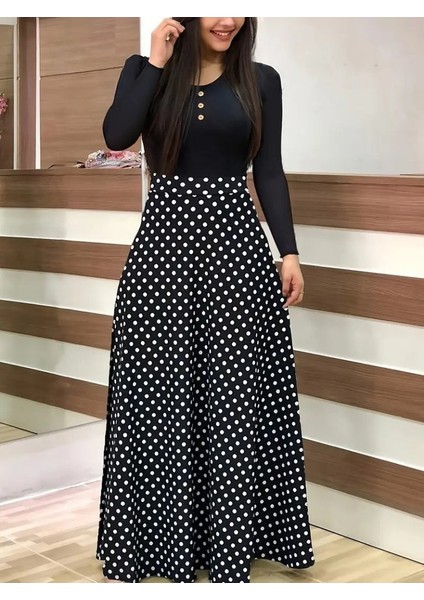 Kadın Uzun Kollu Önü Düğmeli Viskon Bluz Eteği Örme Maxi Krep Elbise