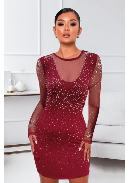 Eyesof Kadın Uzun Kollu Yuvarlak Yaka Dekolteli Taşlı Dalgıç Elbise fırsatları