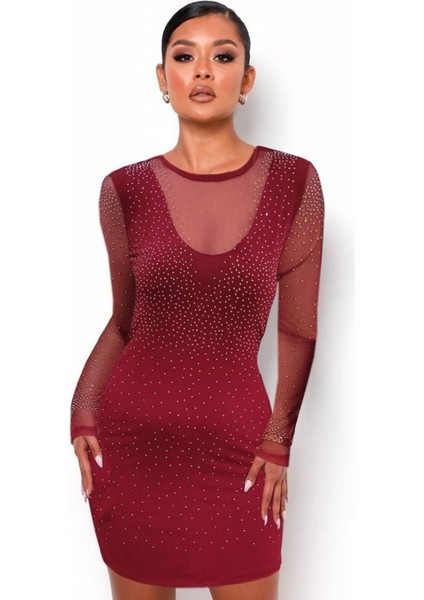 Eyesof Kadın Uzun Kollu Yuvarlak Yaka Dekolteli Taşlı Dalgıç Elbise indirimleri