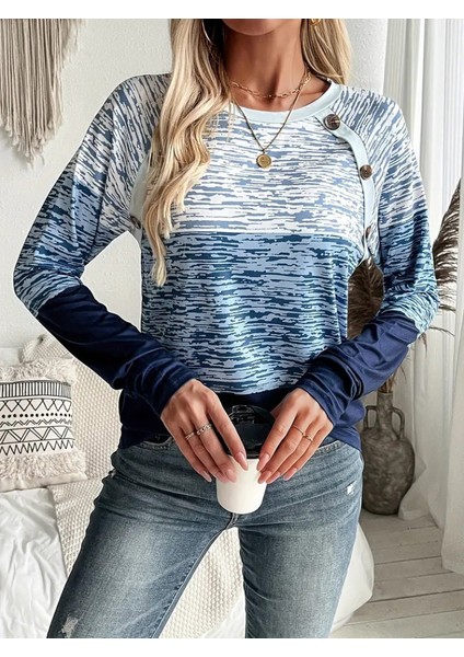 Kadın Uzun Kollu Yuvarlak Yaka Baskılı Düğme Detay Süprem Bluz