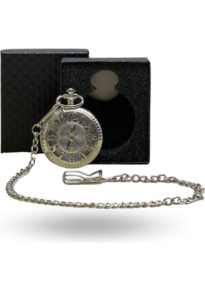 Büro Ev Ofis Hediyesi Için Kutulu Silver Rakamlı Motif Köstekli Saat