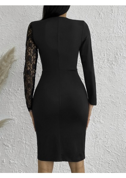 Kadın Uzun Kollu Tek Kolu Dantel Detay V Yakalı Yırtmaçlı Dalgıç Elbise