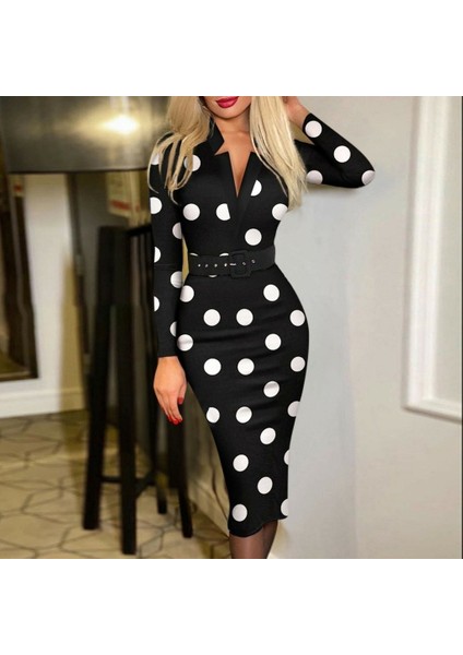 Eyesof Kadın Uzun Kollu V Yaka Puantiyeli Krep Midi Boy Elbise fiyatları