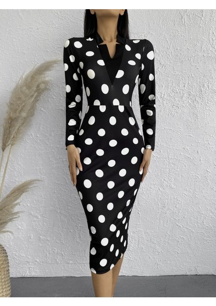 Eyesof Kadın Uzun Kollu V Yaka Puantiyeli Krep Midi Boy Elbise fırsatları