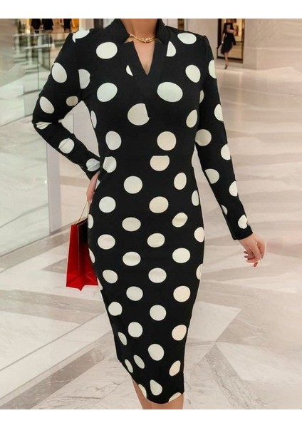 Eyesof Kadın Uzun Kollu V Yaka Puantiyeli Krep Midi Boy Elbise