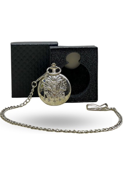Büro Ev Ofis Hediyesi Için Kutulu Silver Osmanlı Devlet Armalı Köstekli Saat