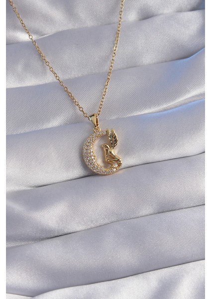 316L Çelik Zincir Gold Renk Kuş Figürlü Zirkon Taşlı Ay Tasarımlı Kolye - TJ-BKO8763