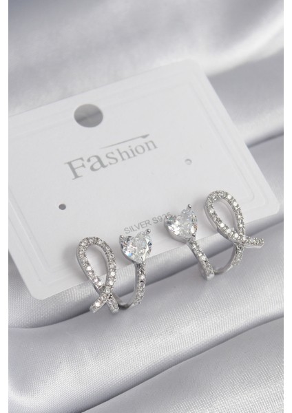 Pirinç Gümüş Renk Kalp Model Zirkon Taşlı Kadın Küpe - TJ-BKP8441