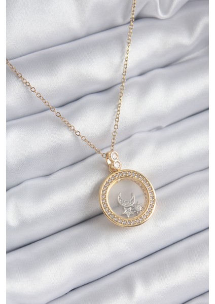 316L Çelik Gold Renk Zirkon Taş Detay Ay Yıldız Fanus Model Kadın Kolye - TJ-BKO8194