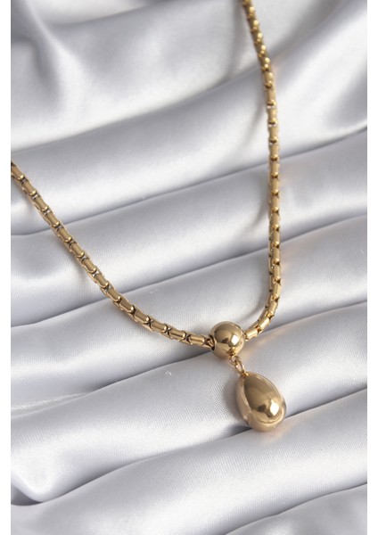 316L Çelik Gold Renk Yılan Sırtı Zincir Model Damla Sallantı Kadın Kolye - TJ-BKO8288