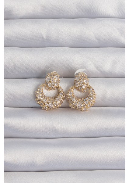 Pirinç Gold Renk Zirkon Taşlı Oval Form Küpe - TJ-BKP9273
