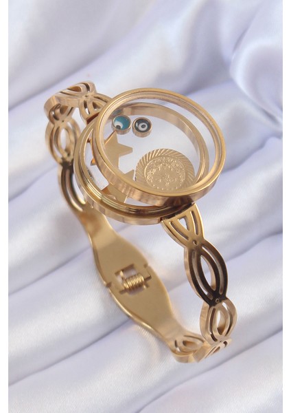 316L Çelik Altın Renk Içi Nazar Boncuk ve Yıldız Figürlü Açılabilir Fanus Kelepçe - TJ-BB6156 fiyatları