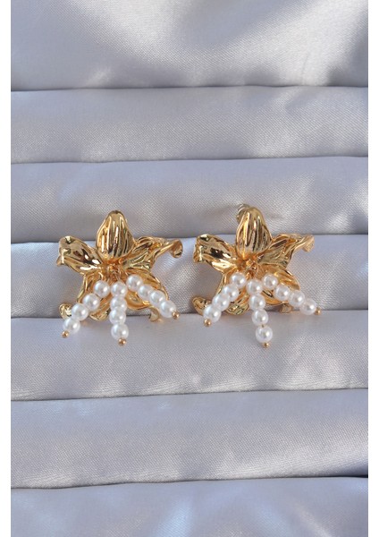 316L Çelik Gold Renk Inci Aksesuarlı Çiçek Model Küpe - TJ-BKP9108