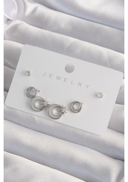 Pirinç Gümüş Renk Mineli Zirkon Taşlı Ay Yıldız Model Küpe Seti - TJ-BKP9326