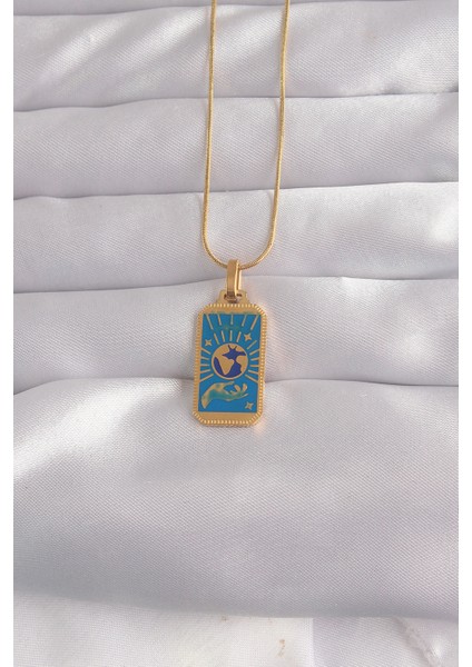 316L Çelik Gold Renk Mavi Mineli El Figür Tarot Kolye - TJ-BKO9040