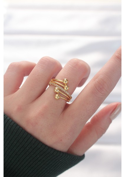 Topçuk Model Zirkon Taşlı Gold Renk Ayarlanabilir Yüzük - TJ-BYK3138