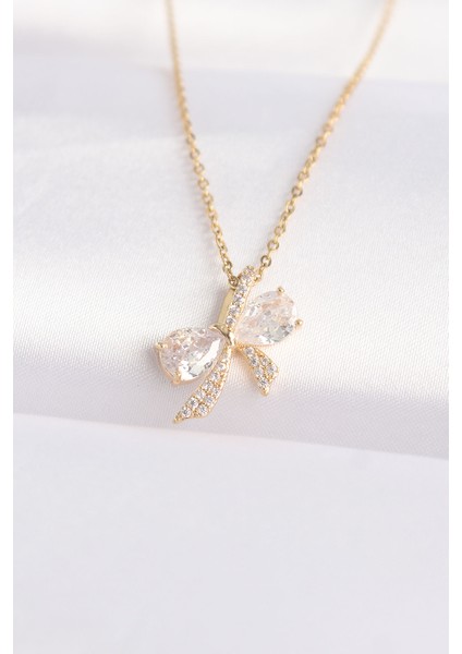 316L Çelik Zincir Altın Renk Zirkon Taşlı Fiyonk Kolye - TJ-BKO8597