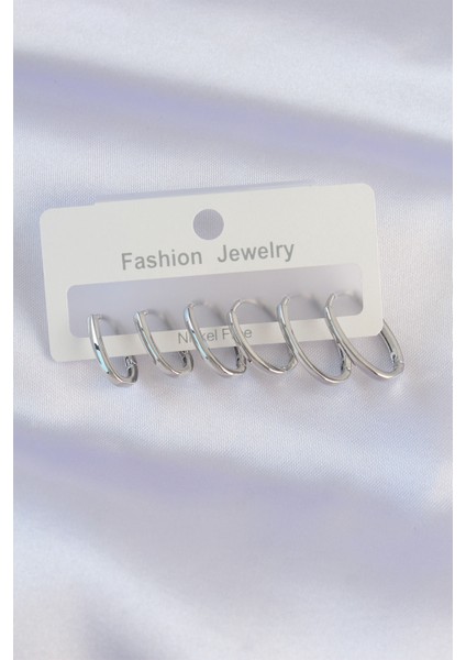 Pirinç Gümüş Renk Ince Oval Küpe Seti - TJ-BKP8989