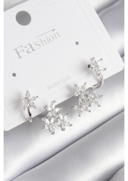 Pirinç Gümüş Renk Zirkon Taşlı Çiçek Tasarım Kadın Küpe - TJ-BKP8606