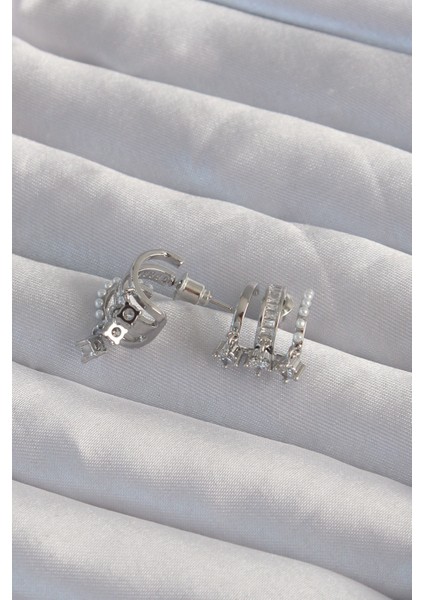 Pirinç Gümüş Renk Incili Çoklu Zirkon Taşlı Yarım Halka Küpe - TJ-BKP9316 fiyatları