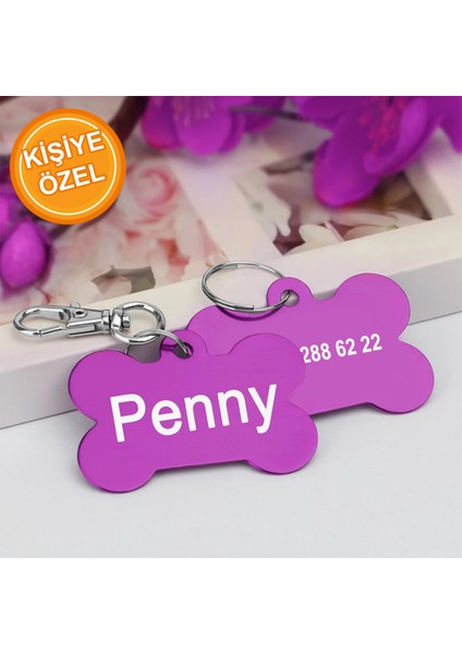 Mor Renkli Kişiye Özel Köpek Isimlik Künyesi, Şık ve Dayanıklı Tasarım.