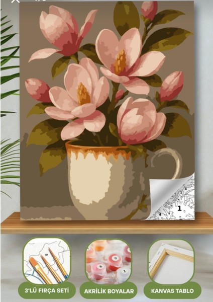 Sayılarla Boyama Seti 40X50 cm (Çıtalı) Fırça Boya Dahil Numaralı Tuval Fincan Pembe Lale