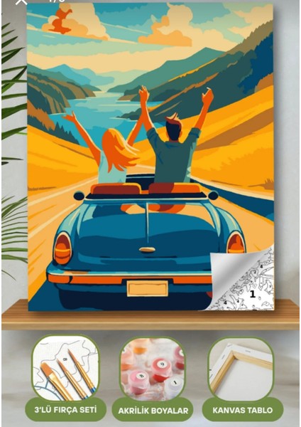 Sayılarla Boyama Seti 40X50 cm (Çıtalı) Fırça Boya Dahil Numaralı Tuval Mavi Arabalar Kız ve Erkek