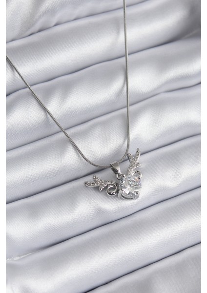 316L Çelik Gümüş Renk Zirkon Taşlı Boynuz Model Kadın Kolye - TJ-BKO8133