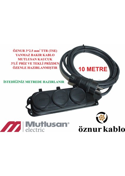 3'lü Kaucuk 10 Metre Seyyar Çoklu Uzatma Öznur 3*2.5 Ttr Bakır Kablo