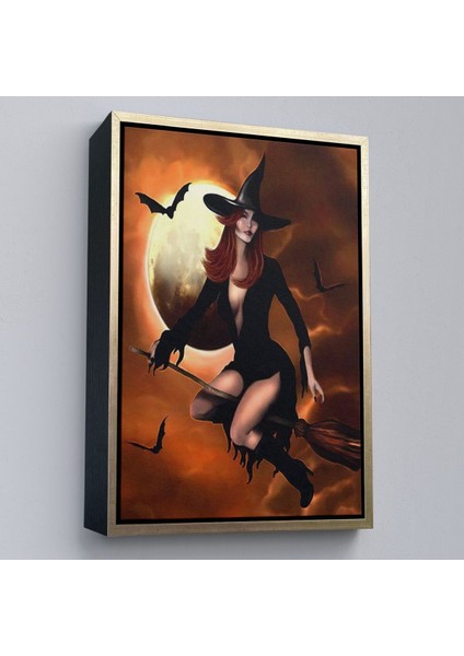 Çerçeveli Süpürge Ile Uçan Cadı, Cadılar Bayramı Helloven Duvar Tablosu -6086 fiyatları