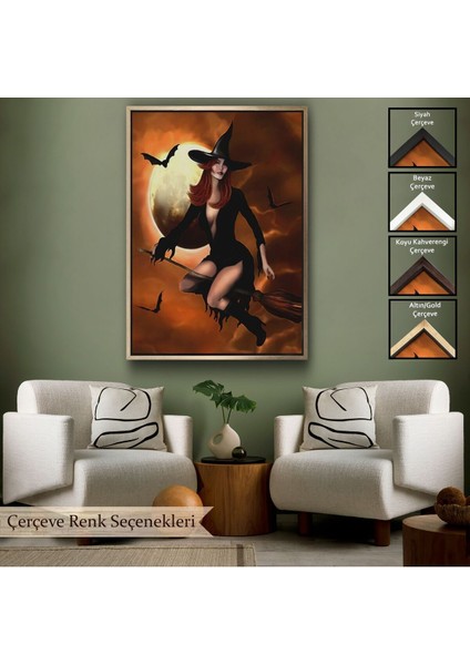 Çerçeveli Süpürge Ile Uçan Cadı, Cadılar Bayramı Helloven Duvar Tablosu -6086