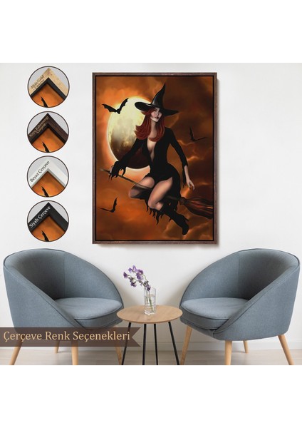 Çerçeveli Süpürge Ile Uçan Cadı, Cadılar Bayramı Helloven Duvar Tablosu -6086
