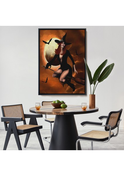 Çerçeveli Süpürge Ile Uçan Cadı, Cadılar Bayramı Helloven Duvar Tablosu -6086