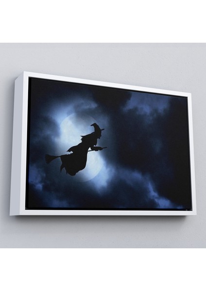 Çerçeveli Süpürgede Uçan Cadı, Cadılar Bayramı Dekoratif Duvar TABLOSU-5202