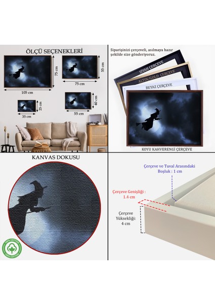 Çerçeveli Süpürgede Uçan Cadı, Cadılar Bayramı Dekoratif Duvar TABLOSU-5202 indirimleri