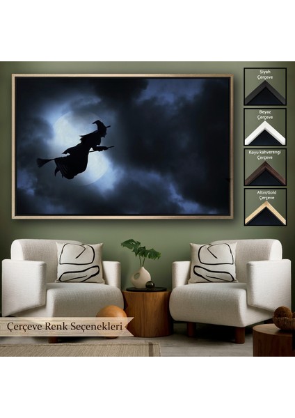 Çerçeveli Süpürgede Uçan Cadı, Cadılar Bayramı Dekoratif Duvar TABLOSU-5202